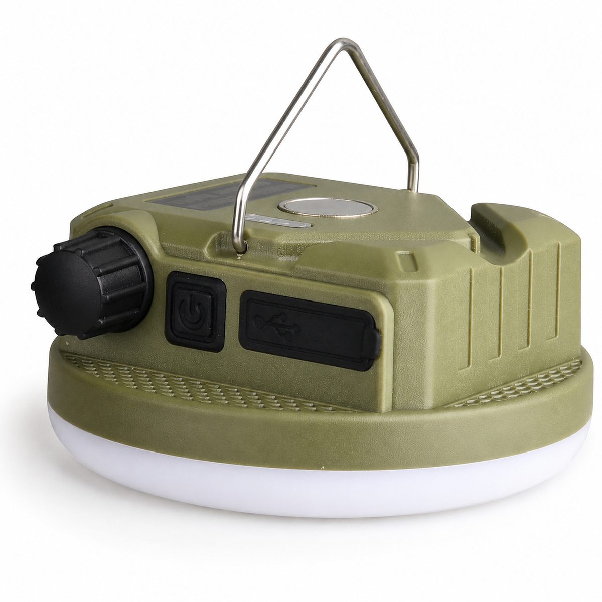 Rechargeable LED lantern, olive green, on a white background