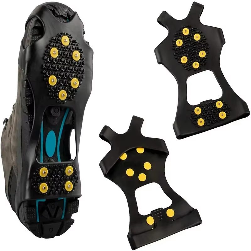 Ice cleat fitted over a boot, plus a pair shown top and underside, with 10 yellow-based steel studs each