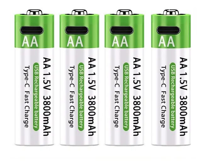 Four green and white USB-C rechargeable AA batteries, each with a USB-C port at the top
